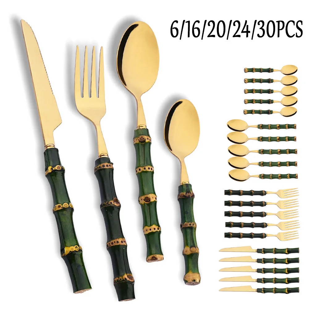 Kitchen Gadgets Green - 6/16/20/24/30Pcs Green Bamboo Dinnerware Set Stainless