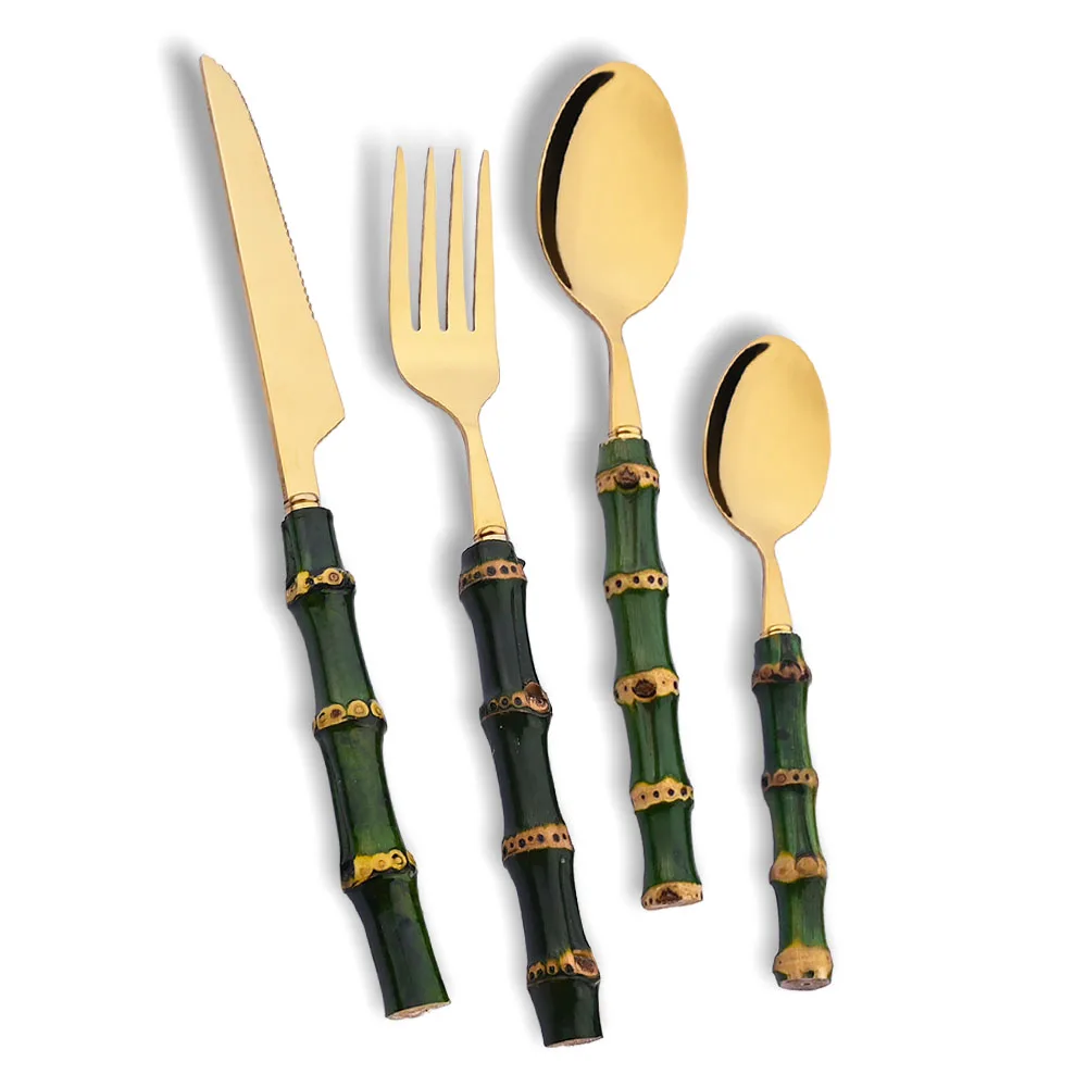 Kitchen Gadgets Green - 4Pcs Natural Bamboo Handle Dinnerware Set